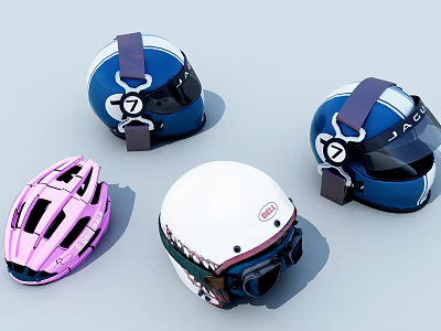 Various Helmets with Different Colors and Styles Including Pink Cycling and Blue White 3d model