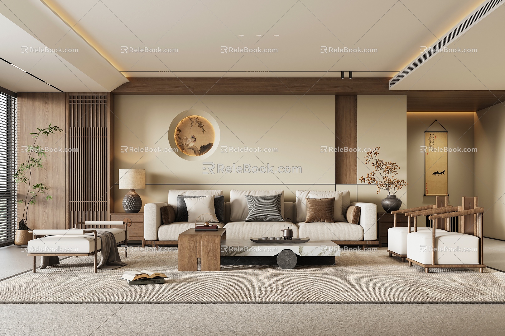 Zen New Chinese Style Living Room Song Dynasty Aesthetic Furniture Sofa Coffee Table Combination Sofa Background Wall Balcony Decorative Cabinet Table Lamp 3d model