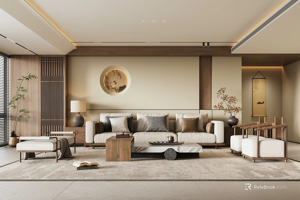 Modern Living Room Interior Design With Beige Sofa Multiple Pillows Circular Wooden Decor And Plants 3d model 