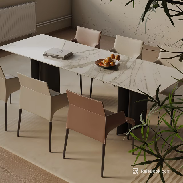 Modern Dining Table Set with Marble Tabletop and Beige Brown Chairs in Contemporary Dining Area 3d model 