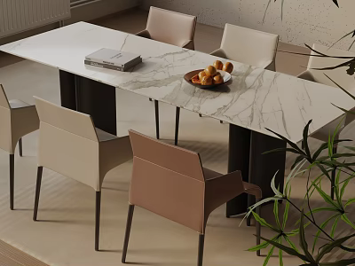 Modern Dining Table Set with Marble Tabletop and Beige Brown Chairs in Contemporary Dining Area 3d model