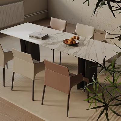 Modern Dining Table Set with Marble Tabletop and Beige Brown Chairs in Contemporary Dining Area 3d model