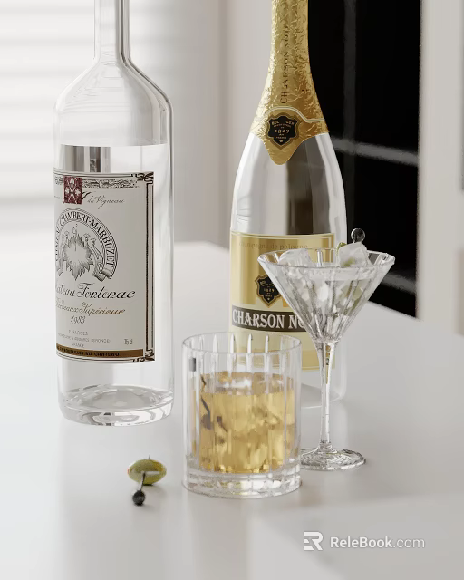 Decorative Ornament Set with Wine Bottles Martini Glasses Ice Cubes and Drink for Home Bar 3d model 