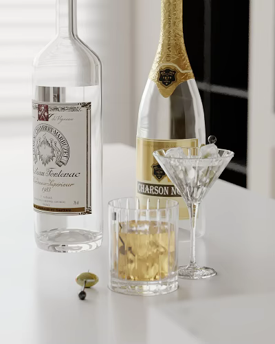 Decorative Ornament Set with Wine Bottles Martini Glasses Ice Cubes and Drink for Home Bar 3d model