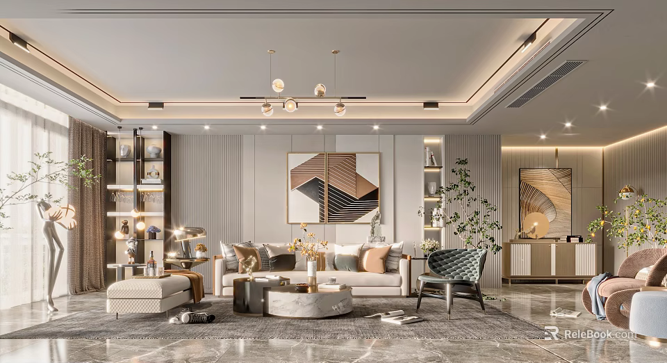 Modern Living Room Interior Design With Sofa Coffee Table Chandelier Abstract Painting And Indoor Plant 3d model 