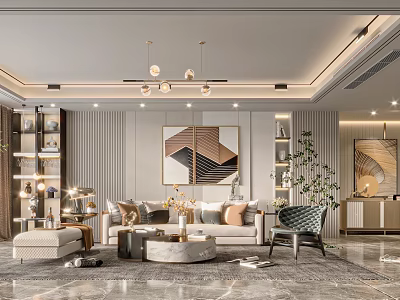 Modern Living Room Interior Design With Sofa Coffee Table Chandelier Abstract Painting And Indoor Plant 3d model