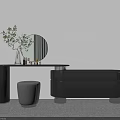 Modern Black Dressing Table With Round Mirror Green Plant And Grey Stool 3d model