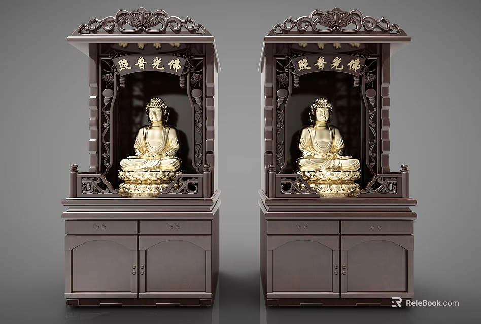 Traditional Buddhist Shrine Cabinet With Dark Wood Carved Design And Golden Buddha Statue 3d model 
