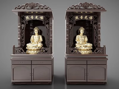 Traditional Buddhist Shrine Cabinet With Dark Wood Carved Design And Golden Buddha Statue 3d model