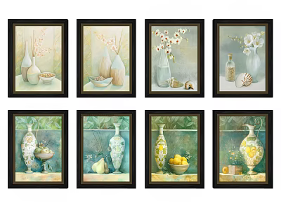 Set of Framed Wall Art Featuring Vases Shells and Fruit Decorative Prints 3d model