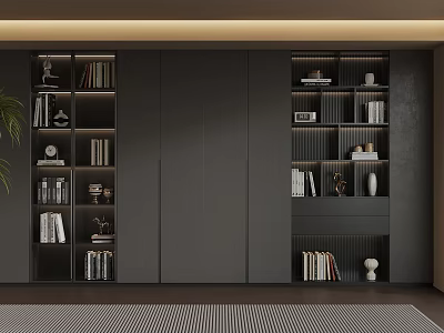 Modern Study Interior With Dark Layered Shelves Books Decorations And Warm Lighting 3d model