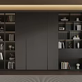 Modern Study Interior With Dark Layered Shelves Books Decorations And Warm Lighting