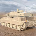 Modern Military Tank With Large Gun Barrel On Desert Terrain Under Sky
