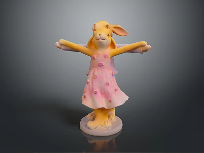 Cute Rabbit Figurine in Pink Floral Dress with Outstretched Arms on White Base 3d model