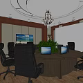 Modern Conference Room With Round Table Black Chairs Laptops Green Plants Wooden Decor And Chandelier