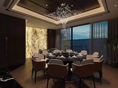 Luxurious Private Dining Room With Round Table Elegant Chairs Crystal Chandelier And Large Windows View 3d model