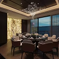Luxurious Private Dining Room With Round Table Elegant Chairs Crystal Chandelier And Large Windows View