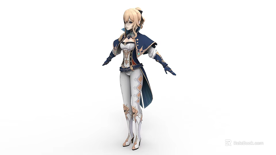 Blonde Haired Character Wearing Blue And White Cloak With Ornate Clothing And Boots 3d model 