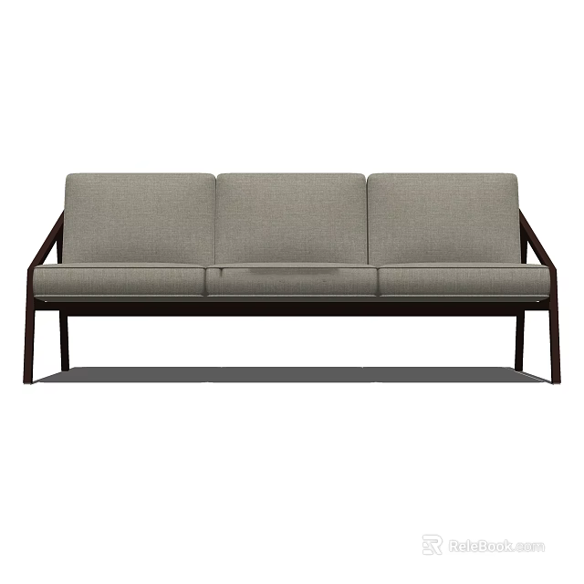 Modern Three Seater Sofa With Gray Fabric And Wooden Frame Design 3d model 