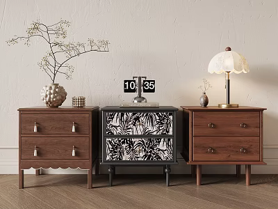Stylish Nightstands with Brown Drawer Cabinets Black White Pattern Middle Table Lamp Vase Clock 3d model