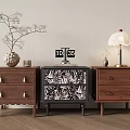 Stylish Nightstands with Brown Drawer Cabinets Black White Pattern Middle Table Lamp Vase Clock