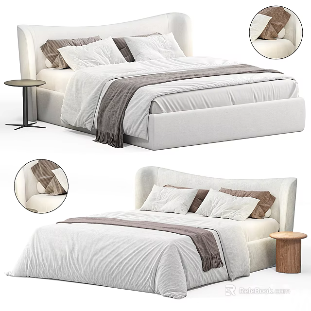 Contemporary Double Bed With Upholstered Frame White Bedding Brown Pillows And Round Side Table 3d model
