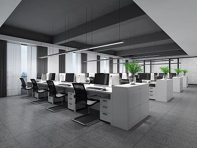 Modern Public Office Space Design With Desks Computers Chairs And Green Plants 3d model
