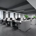 Modern Public Office Space Design With Desks Computers Chairs And Green Plants