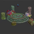 Ancient Stone Scene Components With Circular Platform Pillars Red Flowers Blue Gem And Green Plants