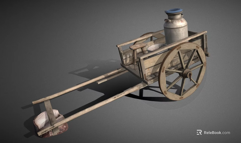 Vintage Wooden Cart with Metal Milk Can Large Wheels and Wooden Shaft 3d model 