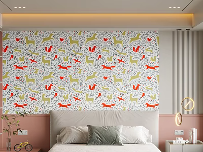 Bed Background Wall with Colorful Dog Pattern Red Green on White Pink Walls and Pillows 3d model