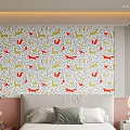 Bed Background Wall with Colorful Dog Pattern Red Green on White Pink Walls and Pillows