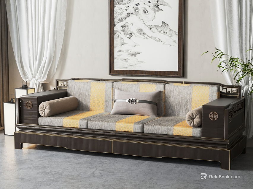 Chinese Style Sectional Sofa With Dark Brown Frame Gray Yellow Striped Cushions And Decorative Pillows 3d model 