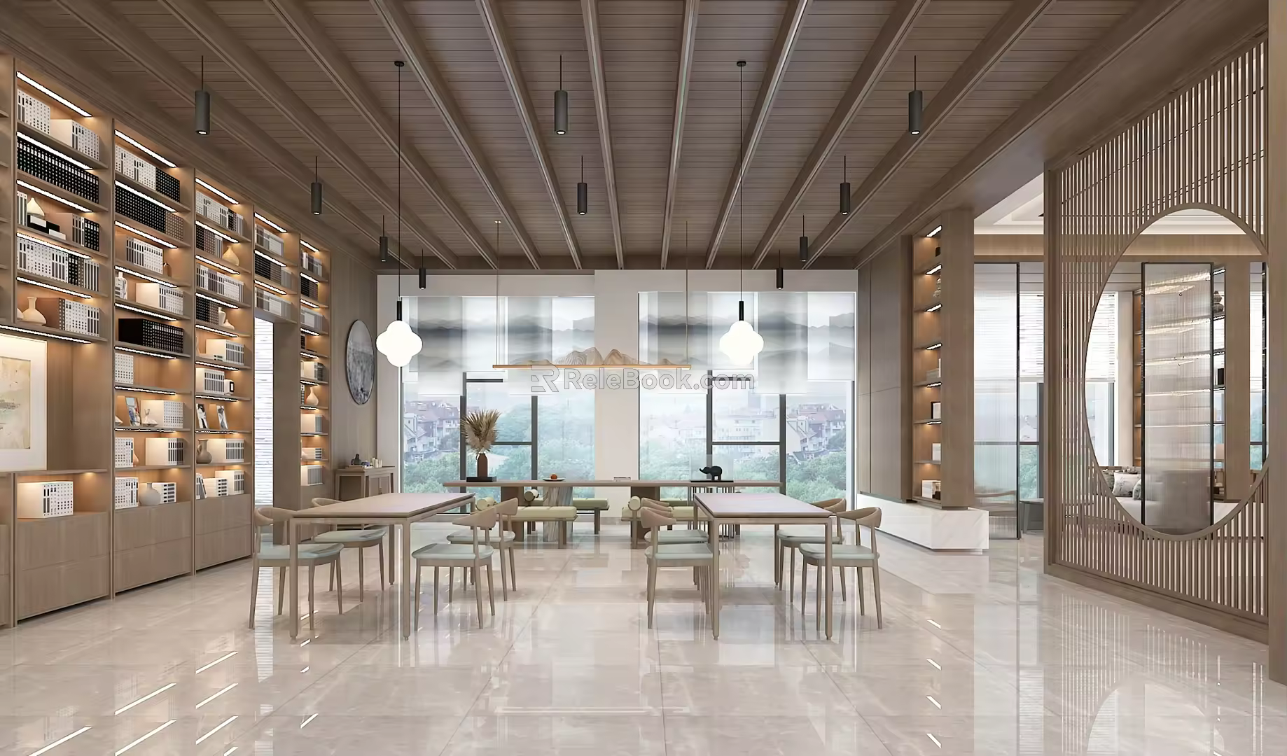 New Chinese-style Library Bookcase Tea Table and Chair Combination Sofa Coffee Table Combination Water Bar 3d model