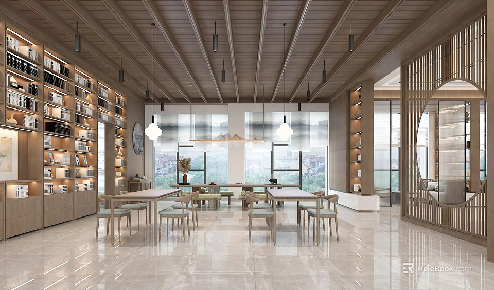Modern Lounge Area With Wooden Ceiling Pendant Lights Large Windows And Bookshelves 3d model 