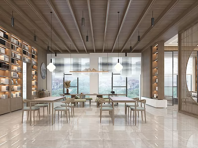 Modern Lounge Area With Wooden Ceiling Pendant Lights Large Windows And Bookshelves 3d model