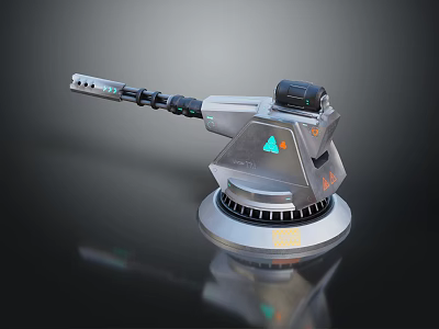 Futuristic Silver Device With Long Metal Arm Black Cable Green Blue Triangle Logo Circular Base 3d model