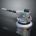 Futuristic Silver Device With Long Metal Arm Black Cable Green Blue Triangle Logo Circular Base