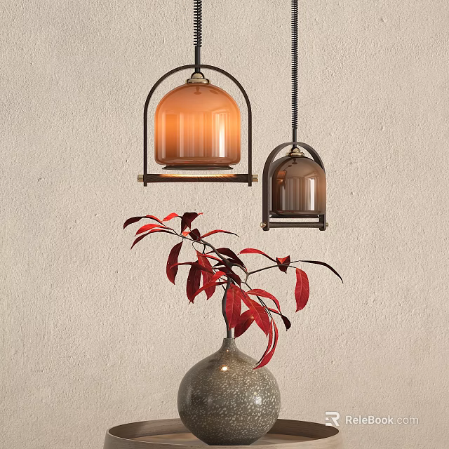 Modern Pendant Lights With Orange Brown Glass Shades And Red Leaf Plant 3d model 