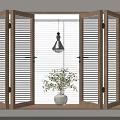 Wooden Open Casement Windows With Glass Panes Light Wall Hanging Lamp And White Vase Plants