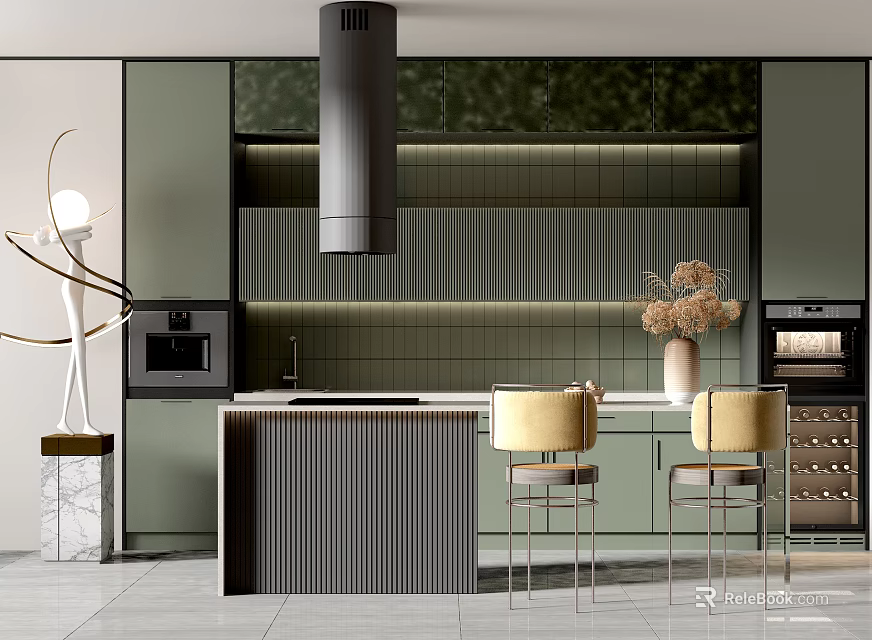 Modern Kitchen Interior With Green Cabinets Island Yellow Chairs And Vase 3d model 
