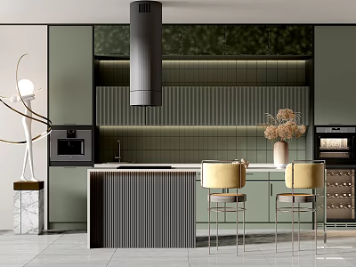 Modern Kitchen Interior With Green Cabinets Island Yellow Chairs And Vase 3d model