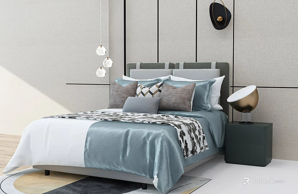 Modern Double Bed in Bedroom with Gray Headboard Blue Linens Pillows Nightstand and Table Lamp 3d model 