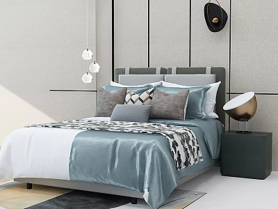 Modern Double Bed in Bedroom with Gray Headboard Blue Linens Pillows Nightstand and Table Lamp 3d model