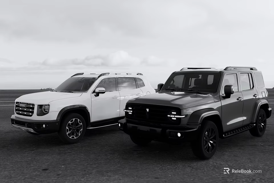 Two Off Road SUVs Parked On Open Terrain With Scenic Sky Background 3d model 