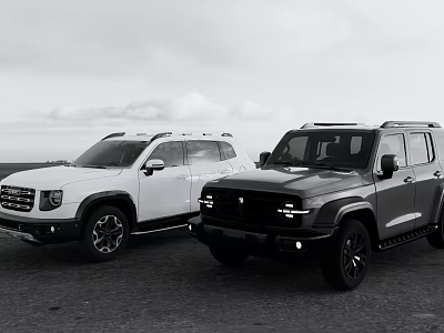 Two Off Road SUVs Parked On Open Terrain With Scenic Sky Background 3d model