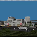 Modern Commercial Street Featuring Pedestrians Vehicles Greenery And Multi Story Buildings