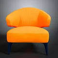 Orange Upholstered Chair With Curved Backrest Armrests And Dark Blue Legs