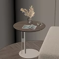 Wooden Top Side Table with White Metal Legs Clear Vase Coffee Cup in Living Room