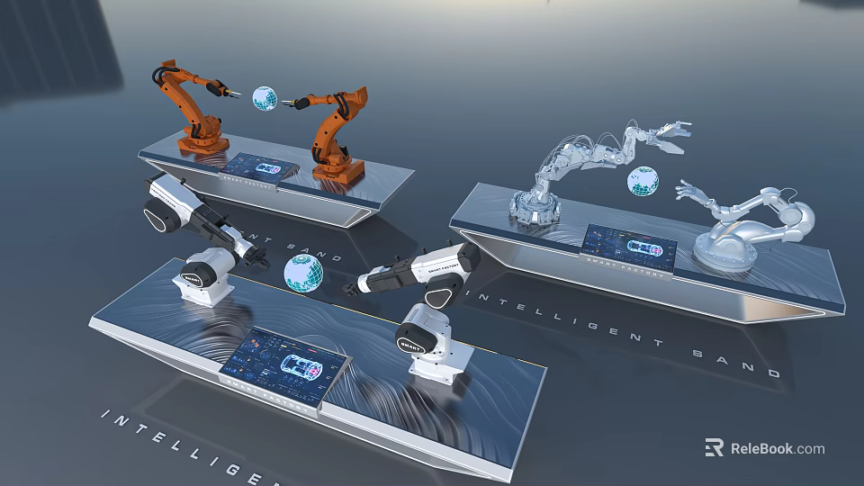 Intelligent Display Shelves Featuring Robotic Arms Globe and Control Panel 3d model 
